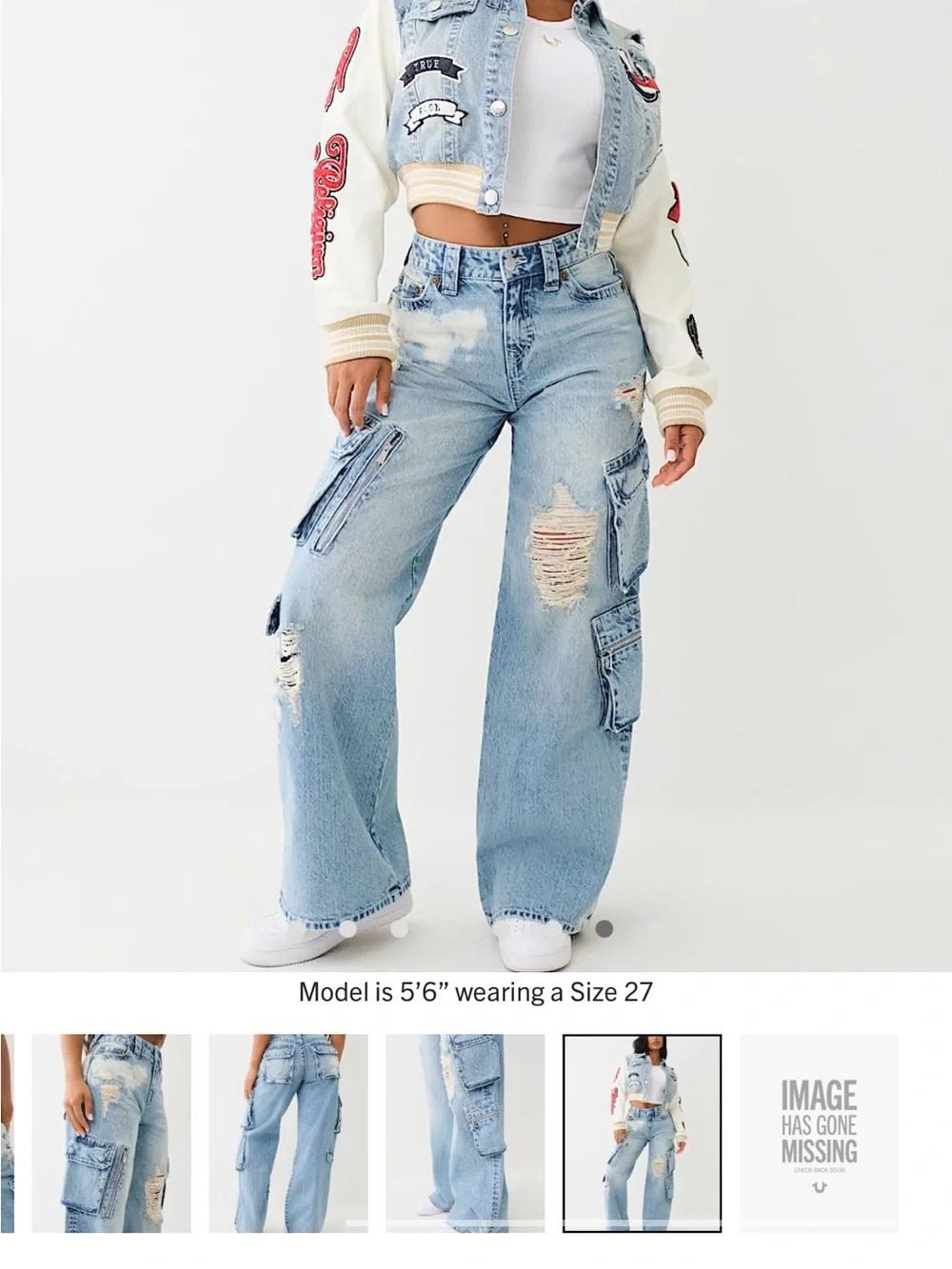 True Religion Light Blue Distressed Wide Leg Cargo Jeans NWOT